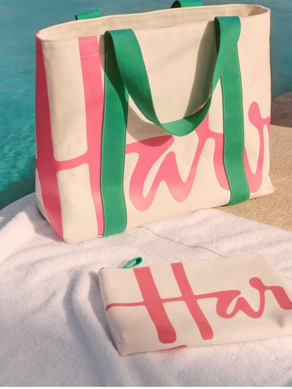 Harrods White Tote with Pink Script and Green Handles - Picture 4 of 5